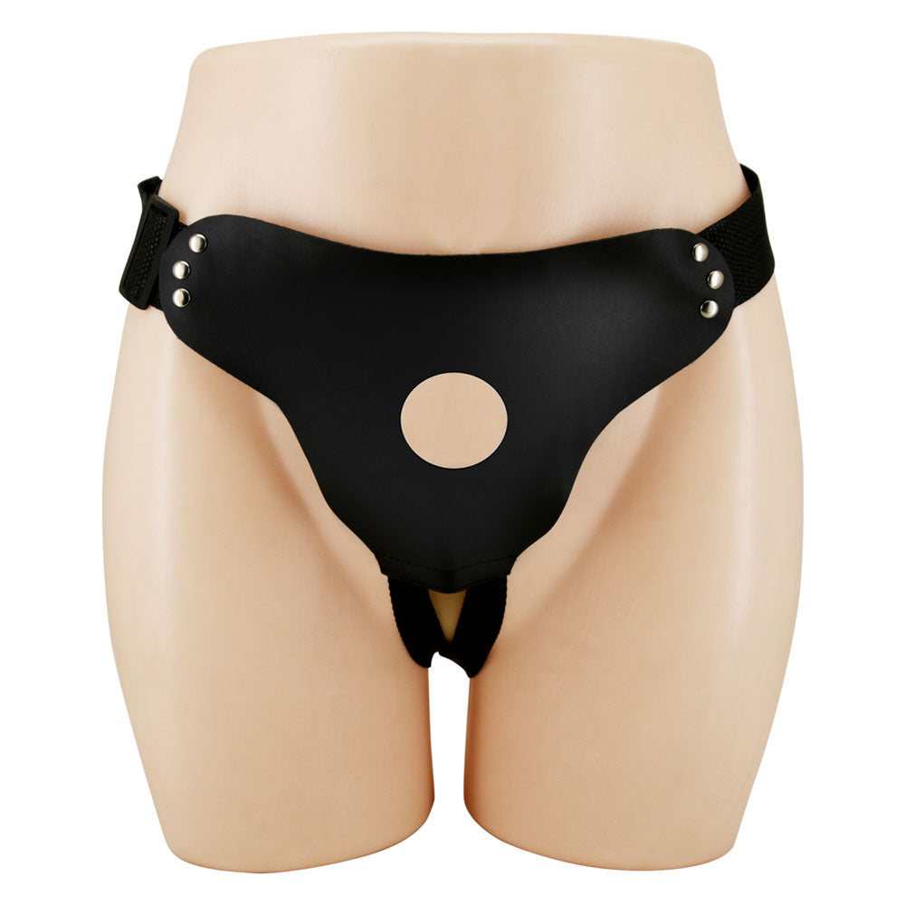 Front view of black strap-on on flesh mannequin on white background | Flirty Bay, sex toys for couple Australia